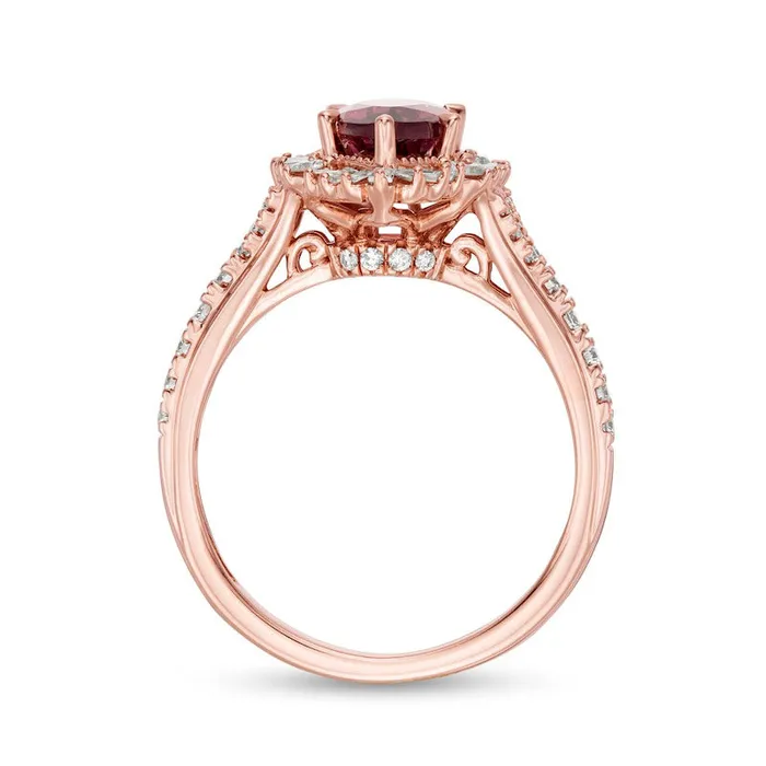 Marquise Rhodolite and 063 CT TW Natural Diamond Sunburst Frame Ring in Solid 10K Rose Gold Goldia Rings