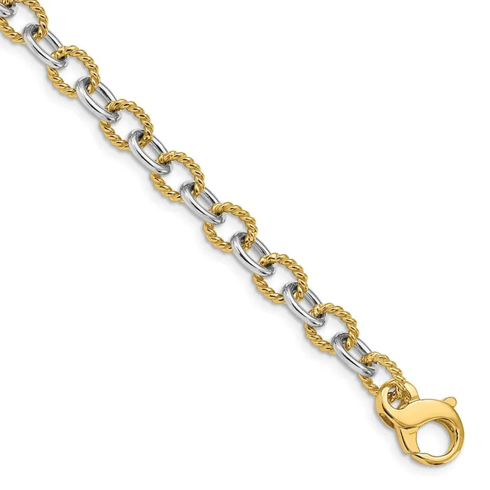 MDS Bracelets Solid 14K Twotone Gold 75 inch 65mm Hand Polished and Textured Fancy Link with Fancy Lobster Clasp Bracelet MDS Bracelets Solid 14K Twotone Gold 75 inch 65mm Hand Polished and Textured Fancy Link with Fancy Lobster Clasp Bracelet