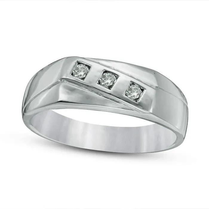 Mens 013 CT TW Natural Diamond Three Stone Slant Band in Sterling Silver Goldia Rings