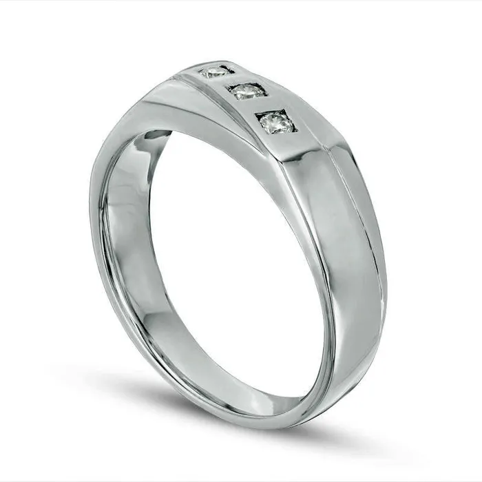 Mens 013 CT TW Natural Diamond Three Stone Slant Band in Sterling Silver Goldia Rings