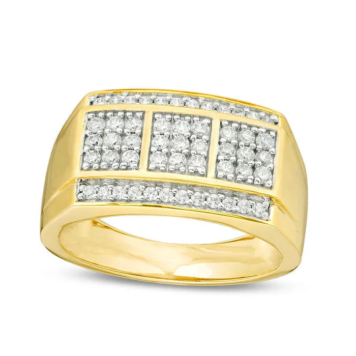 Mens 063 CT TW Natural Diamond Square Composite Three Stone Ring in Solid 10K Yellow Gold Goldia Rings