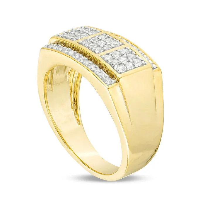 Mens 063 CT TW Natural Diamond Square Composite Three Stone Ring in Solid 10K Yellow Gold Goldia Rings