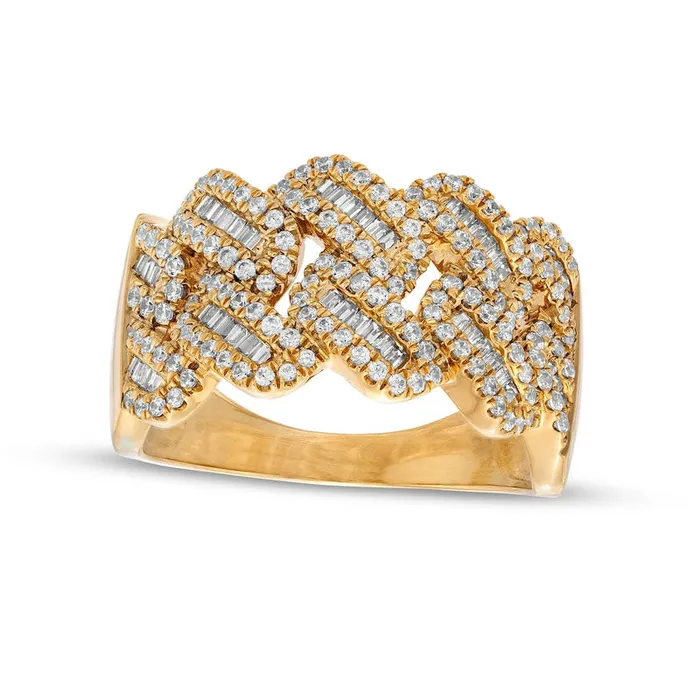 Mens 10 CT TW Baguette and Round Natural Diamond Curb Chain Link Ring in Solid 10K Yellow Gold Goldia Rings