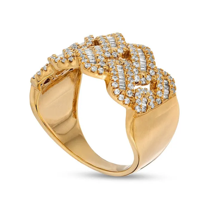 Mens 10 CT TW Baguette and Round Natural Diamond Curb Chain Link Ring in Solid 10K Yellow Gold Goldia Rings