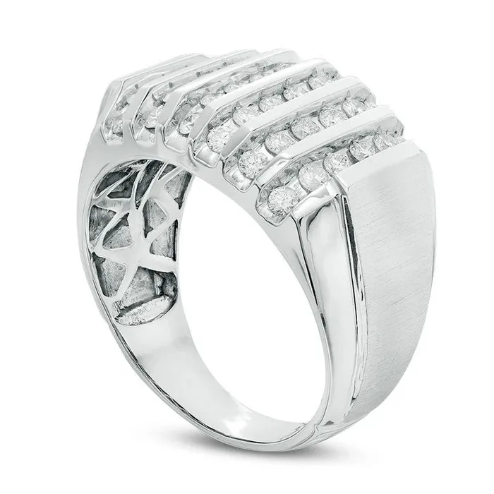 Mens 10 CT TW Natural Diamond Vertical MultiRow Ring in Solid 10K White Gold Goldia Rings