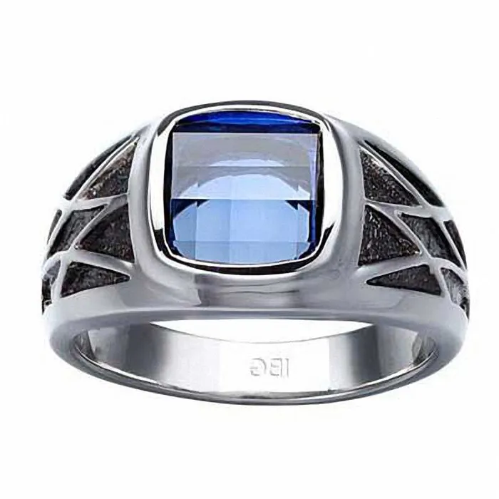 Mens 95mm Square LabCreated Blue Sapphire Ring in Sterling Silver Goldia Rings