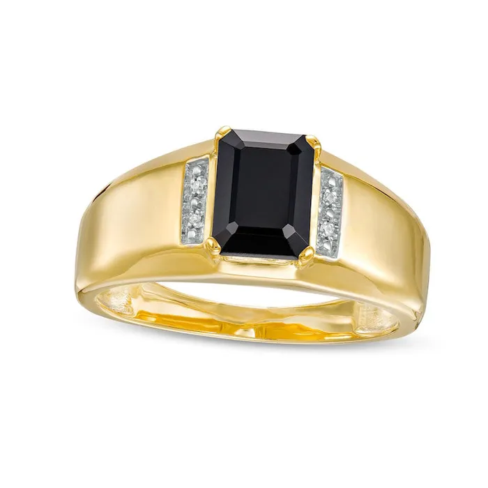 Mens EmeraldCut Onyx and Natural Diamond Accent Collar Ring in Solid 10K Yellow Gold Goldia Rings