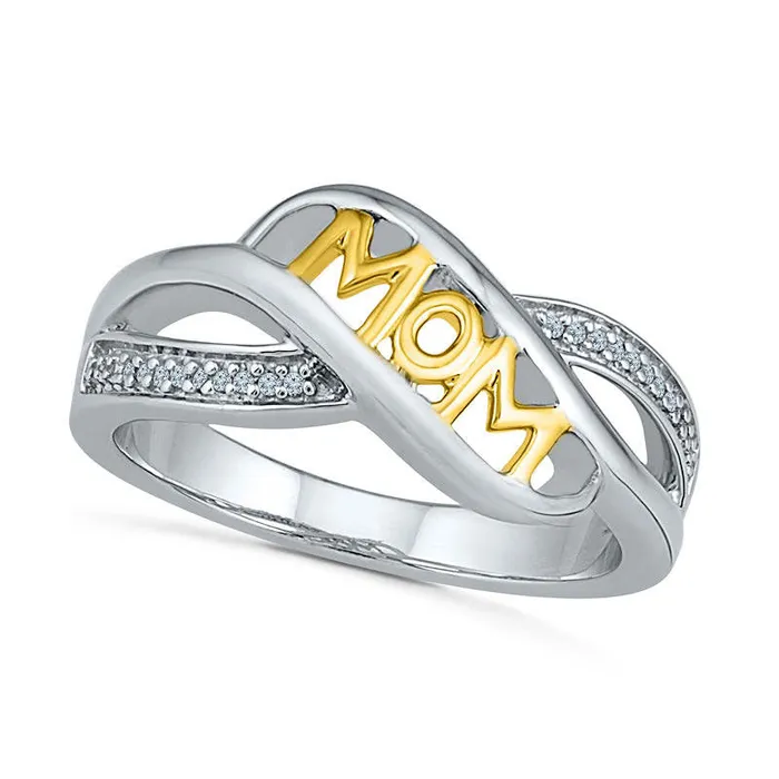 Natural Diamond Accent MOM Crossover Ring in Sterling Silver and Solid 10K Yellow Gold Goldia Rings
