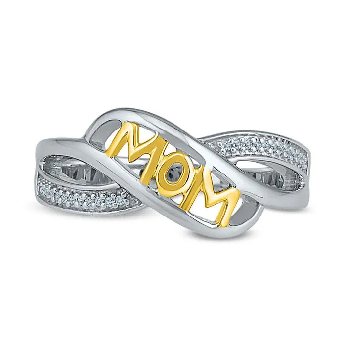 Natural Diamond Accent MOM Crossover Ring in Sterling Silver and Solid 10K Yellow Gold Goldia Rings