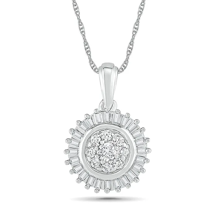 Necklaces 038 CT TW Composite Baguette and Round Natural Diamond Sunburst Pendant in 10K White Gold Goldia Necklaces 038 CT TW Composite Baguette and Round Natural Diamond Sunburst Pendant in 10K White Gold Goldia