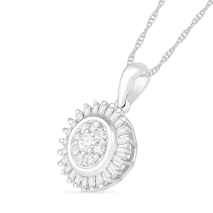 Necklaces 038 CT TW Composite Baguette and Round Natural Diamond Sunburst Pendant in 10K White Gold Goldia Necklaces 038 CT TW Composite Baguette and Round Natural Diamond Sunburst Pendant in 10K White Gold Goldia