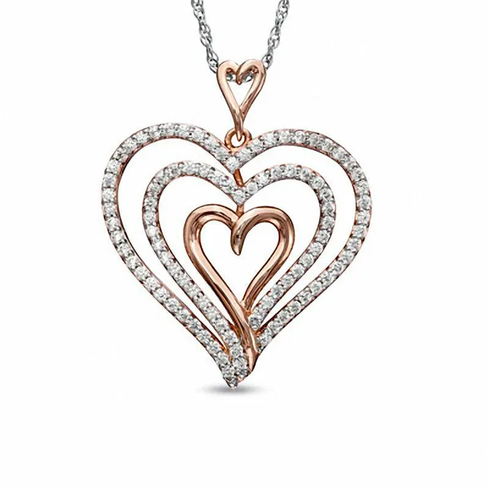 Necklaces Goldia 025 CT TW Natural Diamond Layered Heart Pendant in Sterling Silver with Rose Rhodium