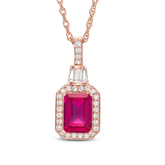 Necklaces Goldia EmeraldCut LabCreated Ruby and 02 CT TW Diamond Frame Pendant in 10K Rose Gold Necklaces Goldia EmeraldCut LabCreated Ruby and 02 CT TW Diamond Frame Pendant in 10K Rose Gold