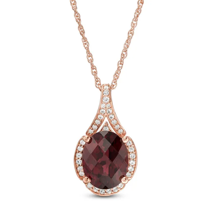 Necklaces Goldia Oval Garnet and 017 CT TW Natural Diamond Frame Teardrop Pendant in 10K Rose Gold Necklaces Goldia Oval Garnet and 017 CT TW Natural Diamond Frame Teardrop Pendant in 10K Rose Gold
