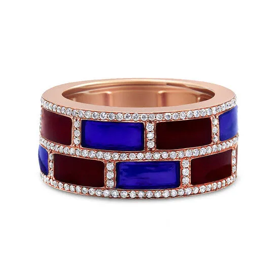 Original Haus of Brilliance 18K Rose Gold Alternating Red and Blue Enamel and 12 Cttw Diamond Studded Band Ring FG VS1VS2 Ring Size 7 JMS always Rings