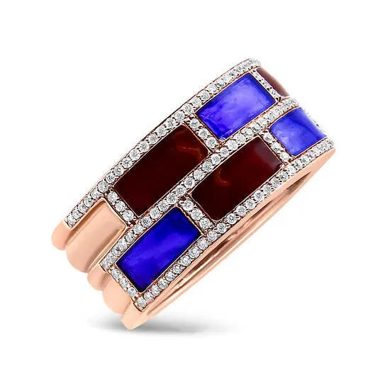 Original Haus of Brilliance 18K Rose Gold Alternating Red and Blue Enamel and 12 Cttw Diamond Studded Band Ring FG VS1VS2 Ring Size 7 JMS always Rings