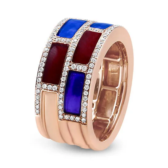 Original Haus of Brilliance 18K Rose Gold Alternating Red and Blue Enamel and 12 Cttw Diamond Studded Band Ring FG VS1VS2 Ring Size 7 JMS always Rings
