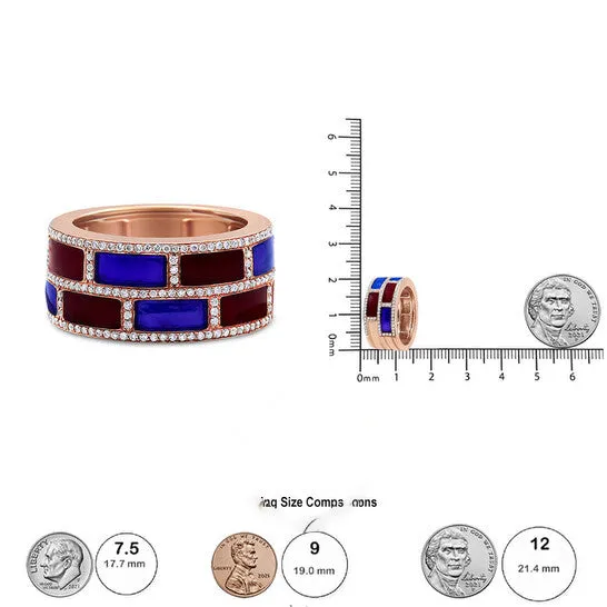 Original Haus of Brilliance 18K Rose Gold Alternating Red and Blue Enamel and 12 Cttw Diamond Studded Band Ring FG VS1VS2 Ring Size 7 JMS always Rings