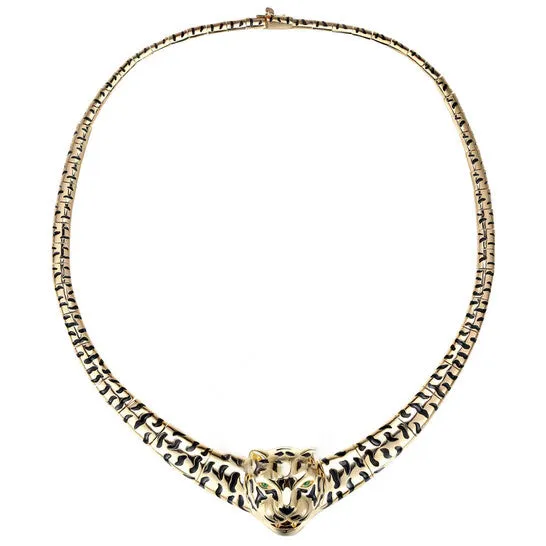 Original Megan Walford 14K Yellow Gold Plated with Black Enamel Leopard Head Omega Necklace JMS always Necklaces