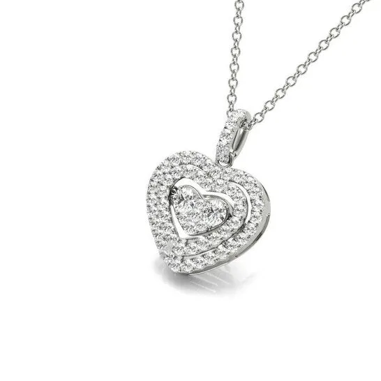 Original Tresorra 18K White Gold Mini Float Heart Double Halo Diamond Cluster Pendant Necklace JMS always Necklaces