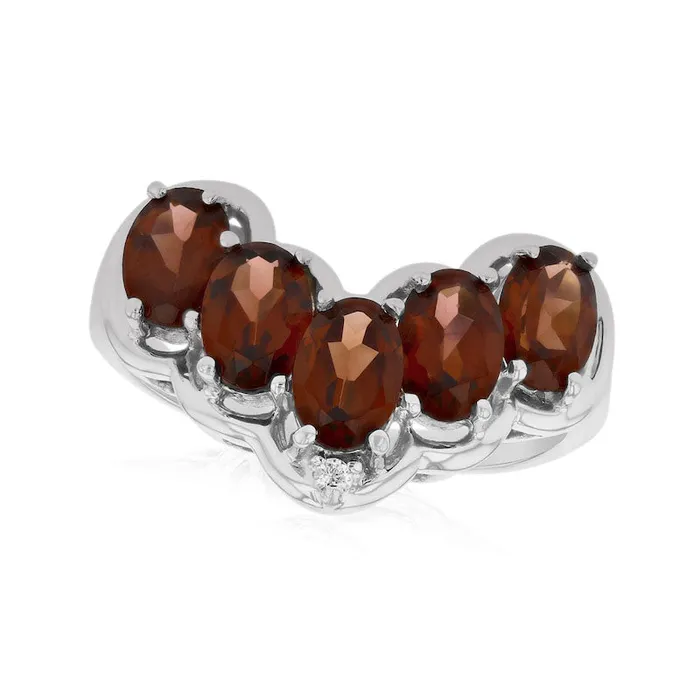 Oval Garnet and Natural Diamond Accent Five Stone Chevron Ring in Solid 14K White Gold Goldia Rings