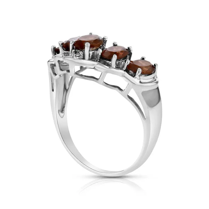 Oval Garnet and Natural Diamond Accent Five Stone Chevron Ring in Solid 14K White Gold Goldia Rings