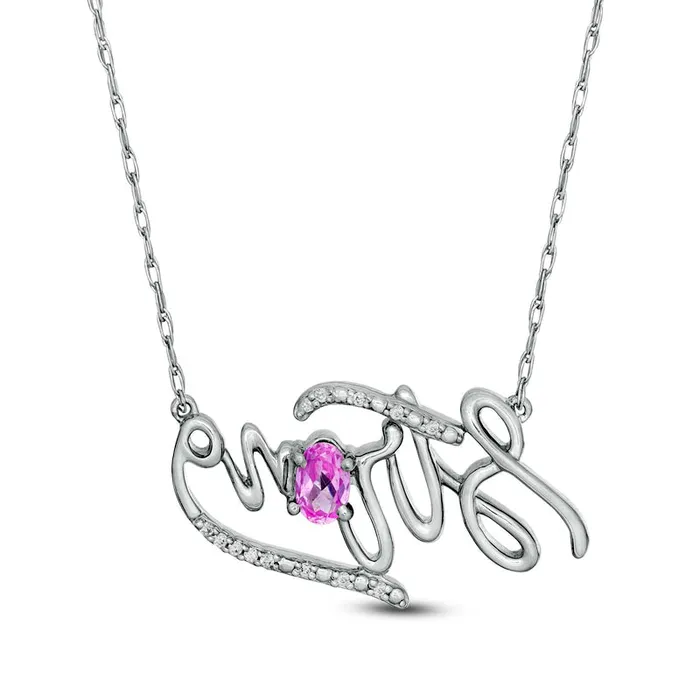 Oval LabCreated Pink Sapphire and Diamond Accent Strong Script Necklace in Sterling Silver Goldia Necklaces Oval LabCreated Pink Sapphire and Diamond Accent Strong Script Necklace in Sterling Silver Goldia Necklaces