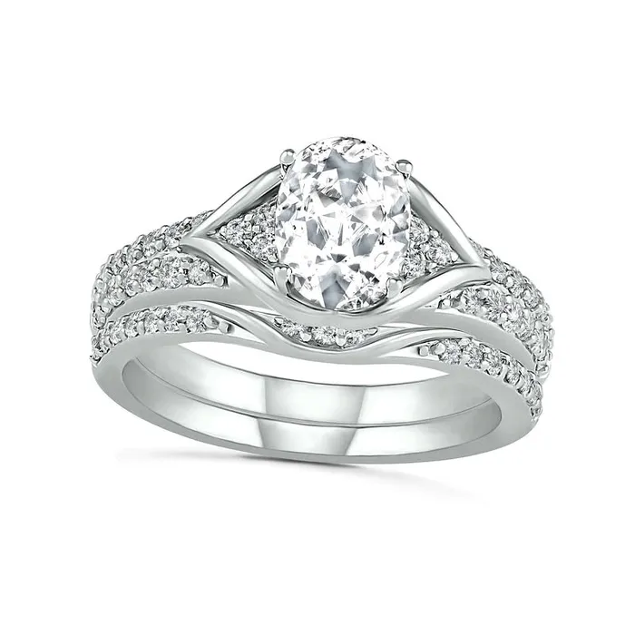 Oval LabCreated White Sapphire TriSides Split Frame MultiRow Bridal Engagement Ring Set in Sterling Silver Goldia Rings