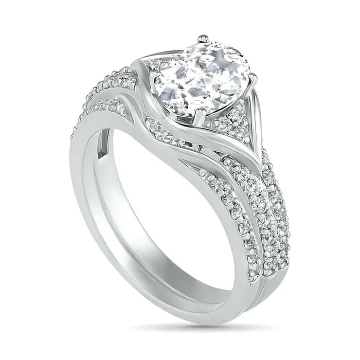 Oval LabCreated White Sapphire TriSides Split Frame MultiRow Bridal Engagement Ring Set in Sterling Silver Goldia Rings