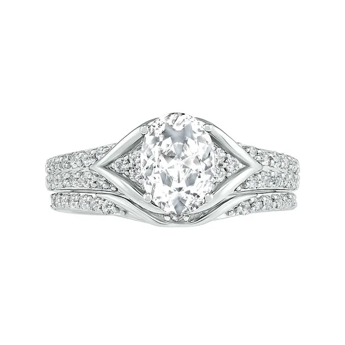Oval LabCreated White Sapphire TriSides Split Frame MultiRow Bridal Engagement Ring Set in Sterling Silver Goldia Rings
