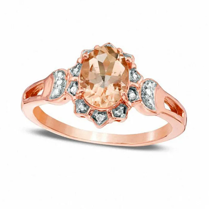 Oval Morganite and Natural Diamond Accent Beaded Sunburst Frame Ring in Solid 10K Rose Gold Goldia Rings