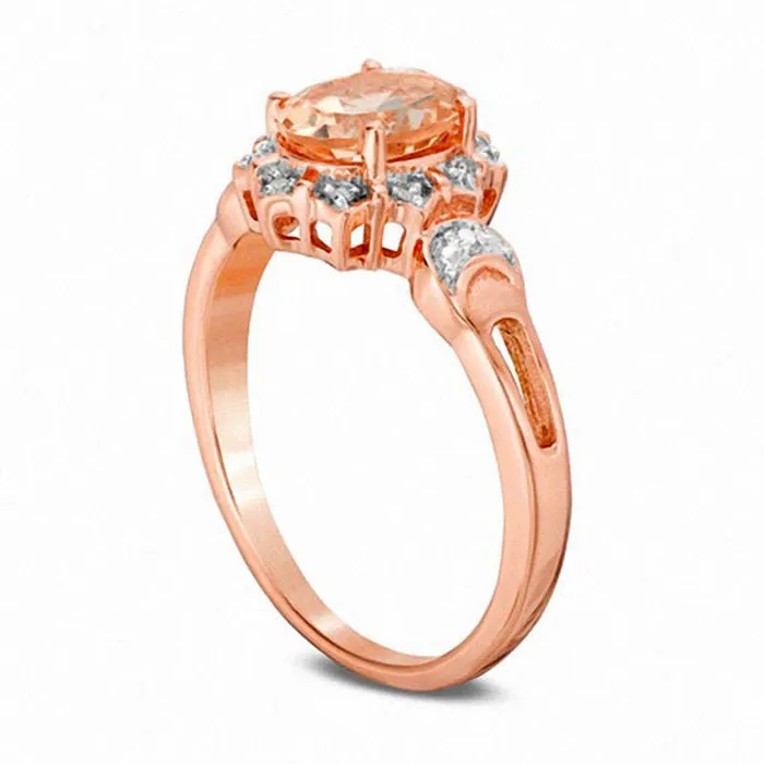 Oval Morganite and Natural Diamond Accent Beaded Sunburst Frame Ring in Solid 10K Rose Gold Goldia Rings