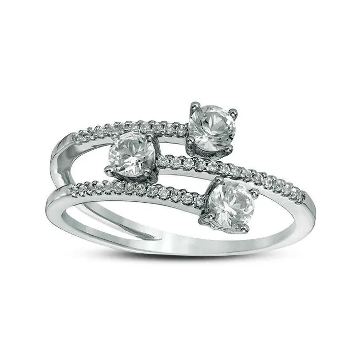 Rings 050 CT TW Natural Diamond Three Stone Station Bypass Ring in Solid 14K White Gold Goldia