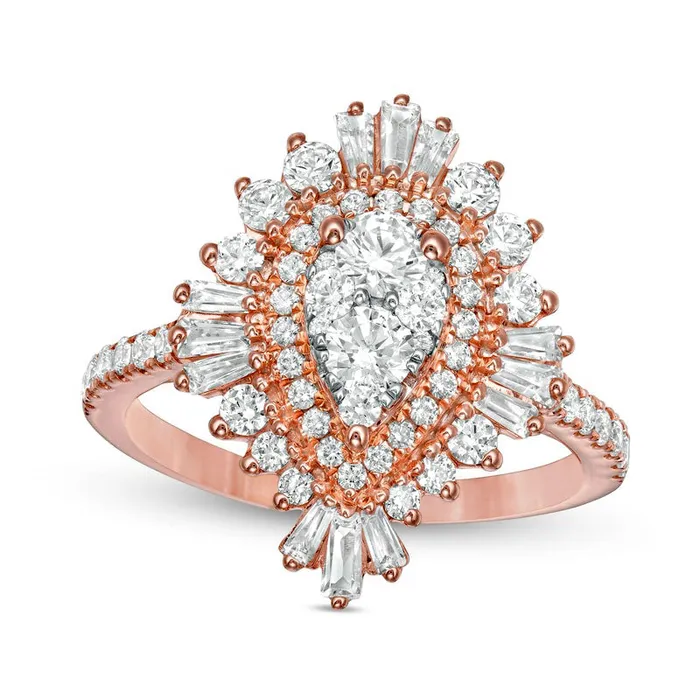 Rings 15 CT TW Composite Natural Diamond Teardrop Starburst Frame Ring in Solid 14K Rose Gold Goldia