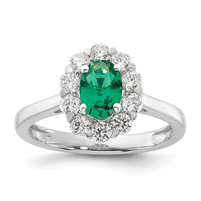 Rings 14k White Gold 58 Ct Lab Grown Diamond VSSI G and Oval Lab Created Emerald Halo Fashion Ring Goldia