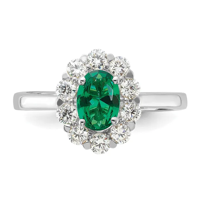 Rings 14k White Gold 58 Ct Lab Grown Diamond VSSI G and Oval Lab Created Emerald Halo Fashion Ring Goldia