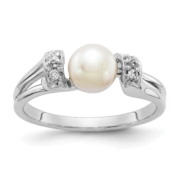 Rings 14k White Gold 6mm FW Cultured Pearl AAA Real Diamond ring Goldiacom
