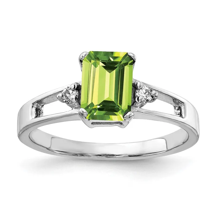 Rings 14k White Gold 7x5mm Emerald Cut Peridot AAA Diamond ring Goldia