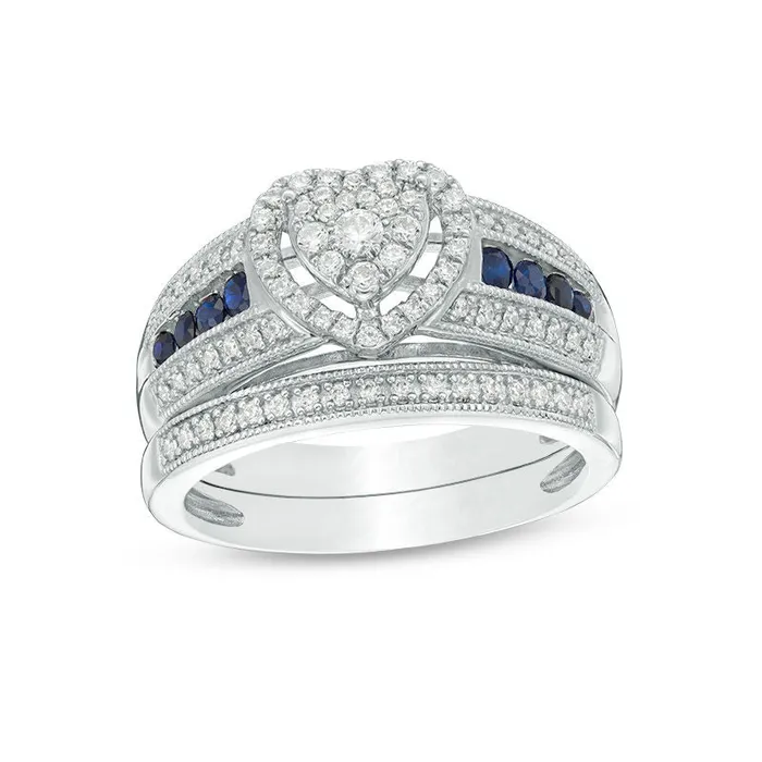 Rings 38 CT TW Composite Diamond and Blue Sapphire Heart Frame MultiRow VintageStyle Bridal Engagement Ring Set in 14K White Gold Goldiacom