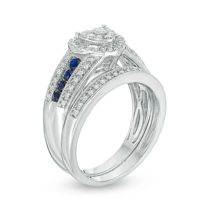 Rings 38 CT TW Composite Diamond and Blue Sapphire Heart Frame MultiRow VintageStyle Bridal Engagement Ring Set in 14K White Gold Goldiacom
