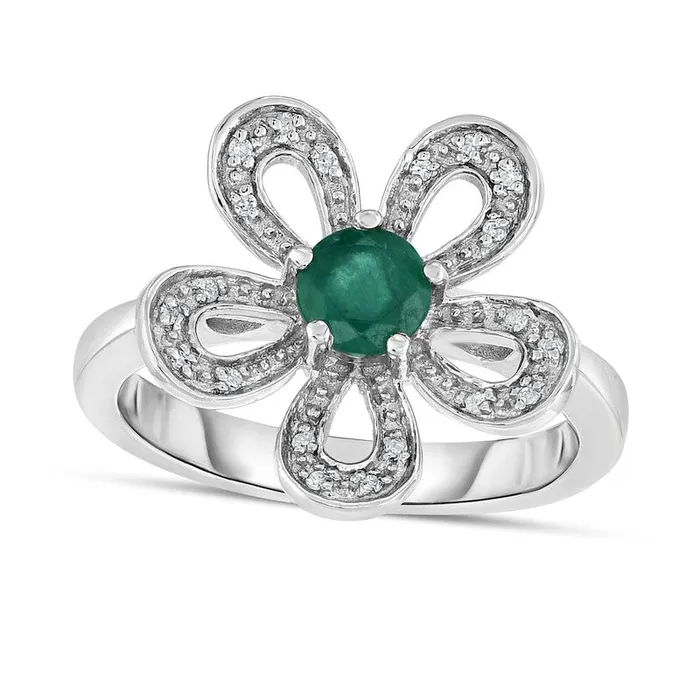 Rings 50mm Emerald and 005 CT TW Natural Diamond Open Flower Ring in Sterling Silver Goldia