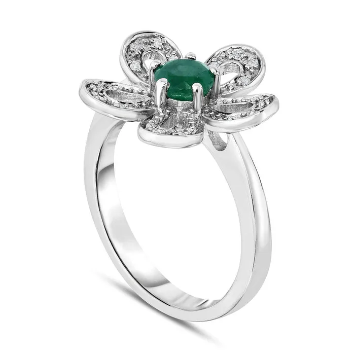 Rings 50mm Emerald and 005 CT TW Natural Diamond Open Flower Ring in Sterling Silver Goldia