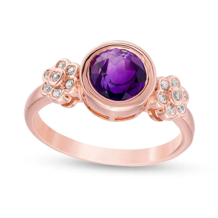Rings 70mm Amethyst and 010 CT TW Natural Diamond Double Flower Ring in Solid 10K Rose Gold Goldia