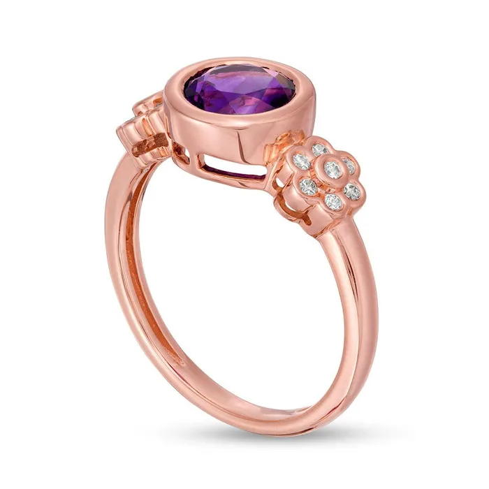 Rings 70mm Amethyst and 010 CT TW Natural Diamond Double Flower Ring in Solid 10K Rose Gold Goldia