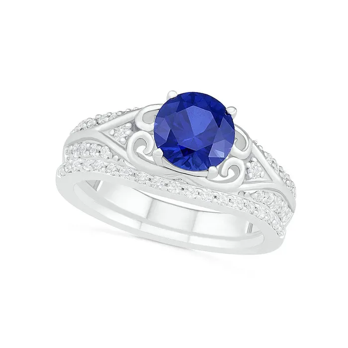 Rings 70mm LabCreated Blue and White Sapphire ScrollSides Antique VintageStyle Split Shank Bridal Engagement Ring Set in Sterling Silver Goldia
