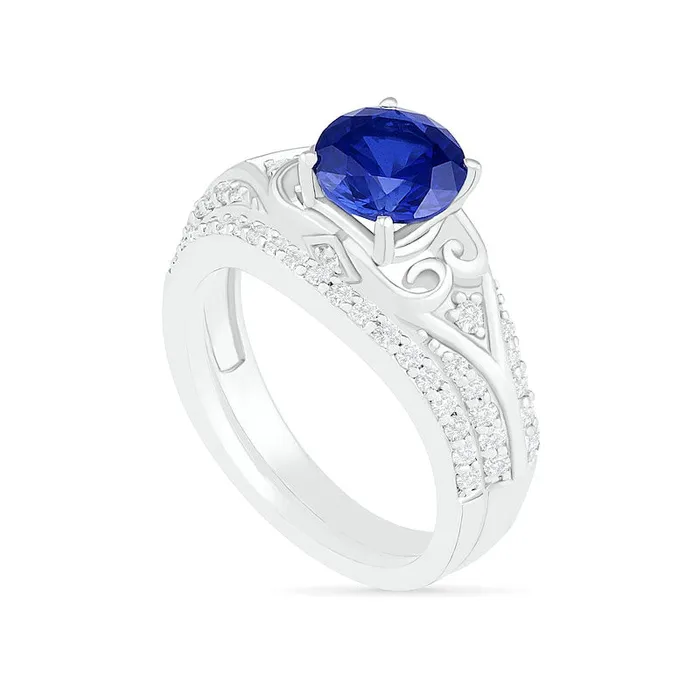 Rings 70mm LabCreated Blue and White Sapphire ScrollSides Antique VintageStyle Split Shank Bridal Engagement Ring Set in Sterling Silver Goldia