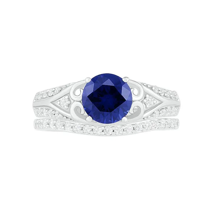 Rings 70mm LabCreated Blue and White Sapphire ScrollSides Antique VintageStyle Split Shank Bridal Engagement Ring Set in Sterling Silver Goldia