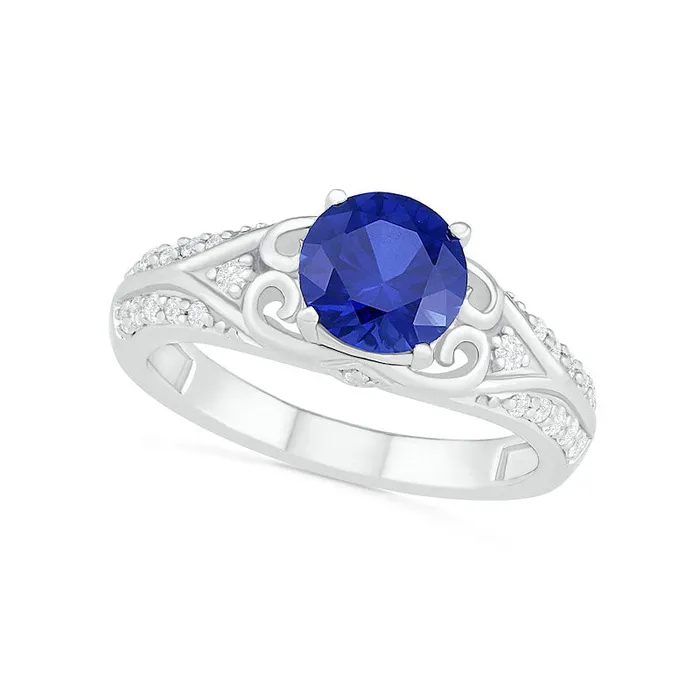 Rings 70mm LabCreated Blue and White Sapphire ScrollSides Antique VintageStyle Split Shank Bridal Engagement Ring Set in Sterling Silver Goldia