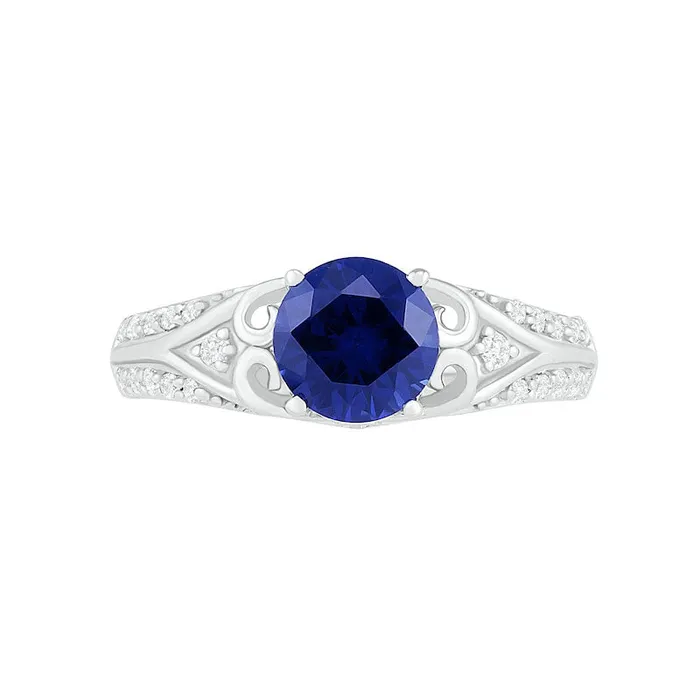 Rings 70mm LabCreated Blue and White Sapphire ScrollSides Antique VintageStyle Split Shank Bridal Engagement Ring Set in Sterling Silver Goldia