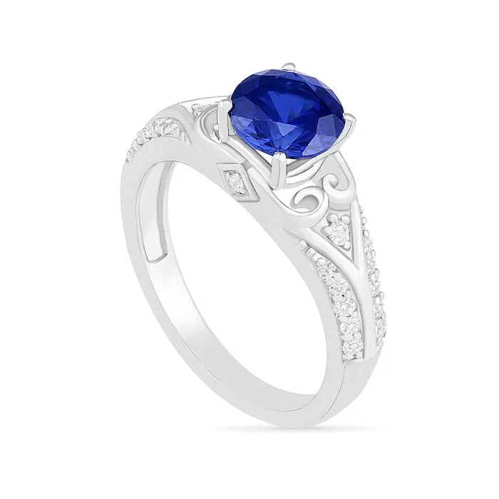 Rings 70mm LabCreated Blue and White Sapphire ScrollSides Antique VintageStyle Split Shank Bridal Engagement Ring Set in Sterling Silver Goldia